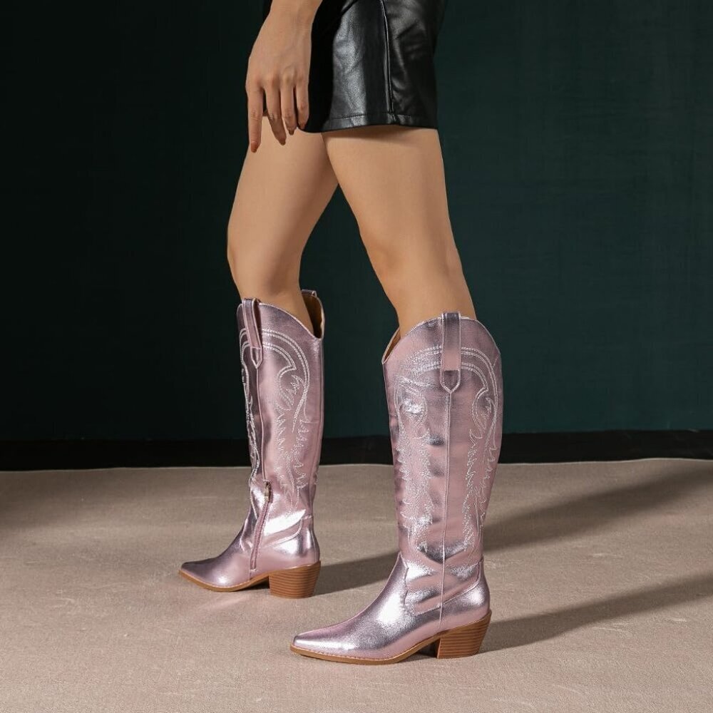Women's Pink Cowboy Boots Pointed Toe Cowgirl Knee High Boot With Zipper - Picture 4 of 6